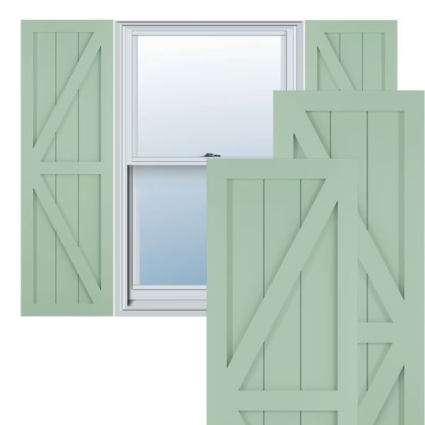 True Fit PVC Two Equal Panel Farmhouse Fixed Mount Shutters w/ Z-Bar, Seaglass , 12
